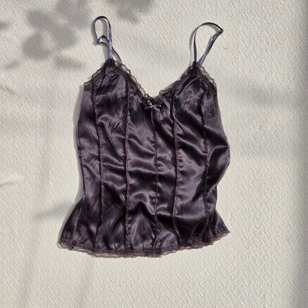 brown satin lace corset cami dark coquette lingerie top ♡